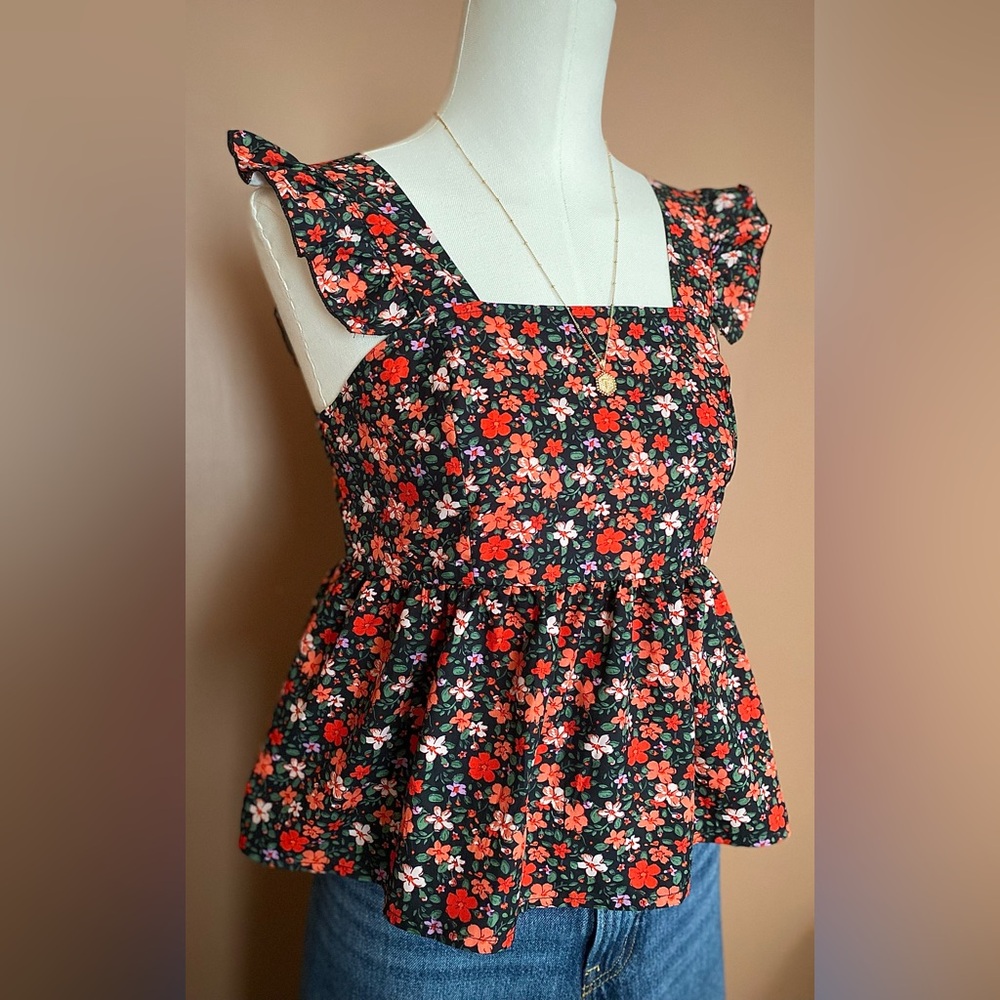 Black Floral Print Peplum Cami with Ruffle Straps